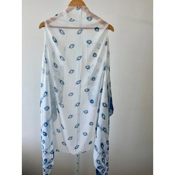 Sheer Cardigan OS Peacock Feather Print Sleeveless Boho Whimsical Beachy Coastal - Picture 2 of 11